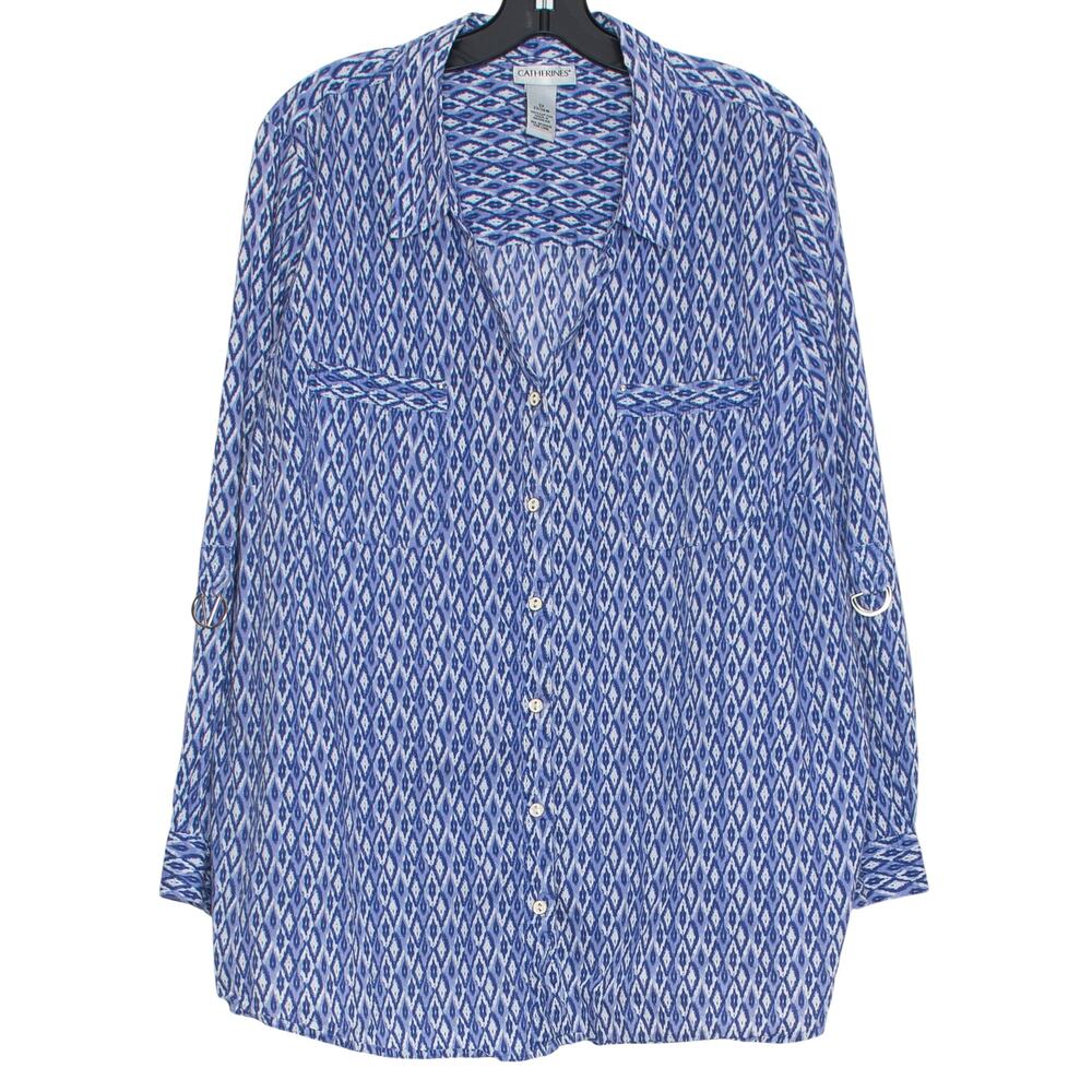 Catherines Top Cottage Boho Ikat Roll Tab Coastal Resort Button Up Blue Plus 2X